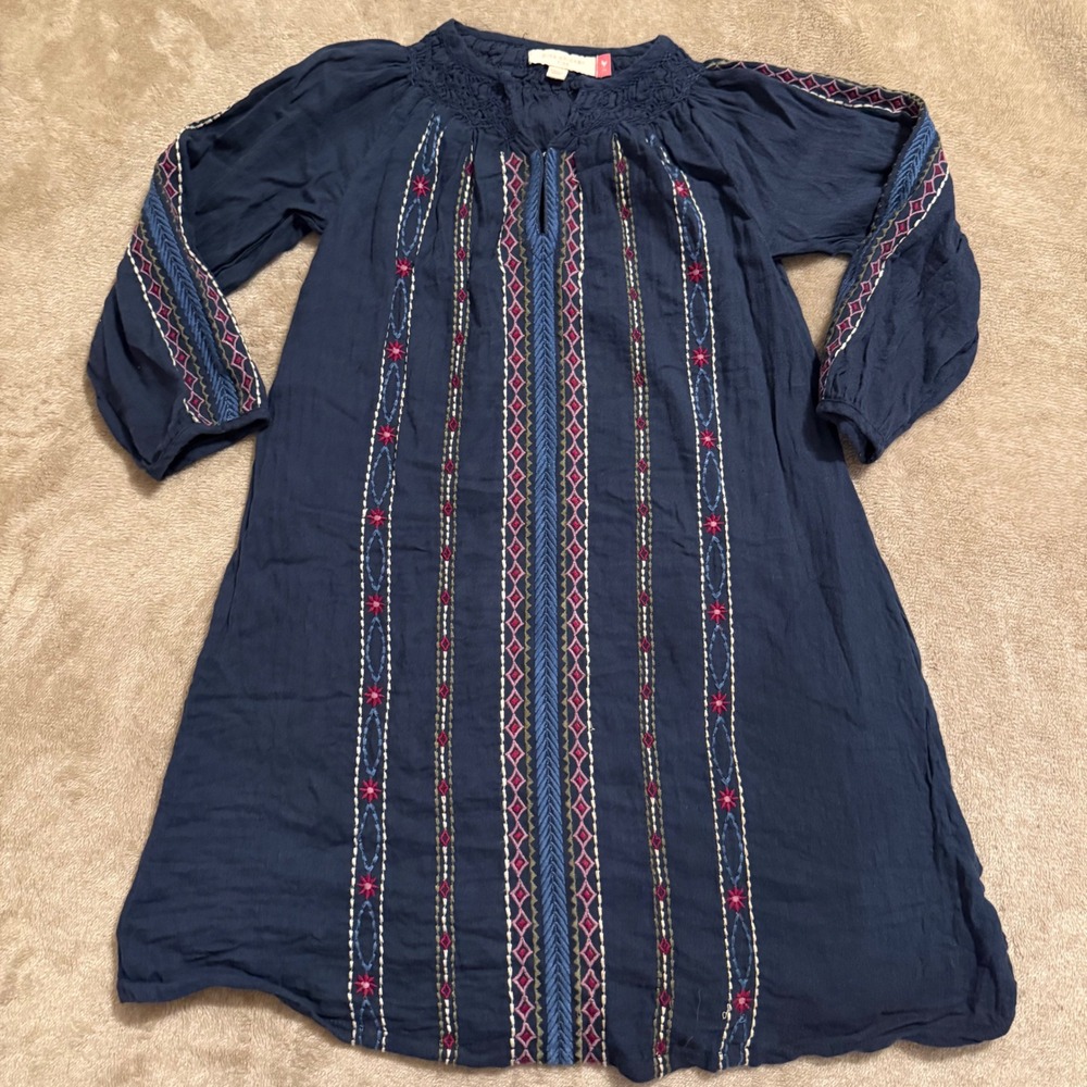 Pink Chicken Kids Navy Blue Embroidered Cotton Gauze Boho Dress Size 7Y